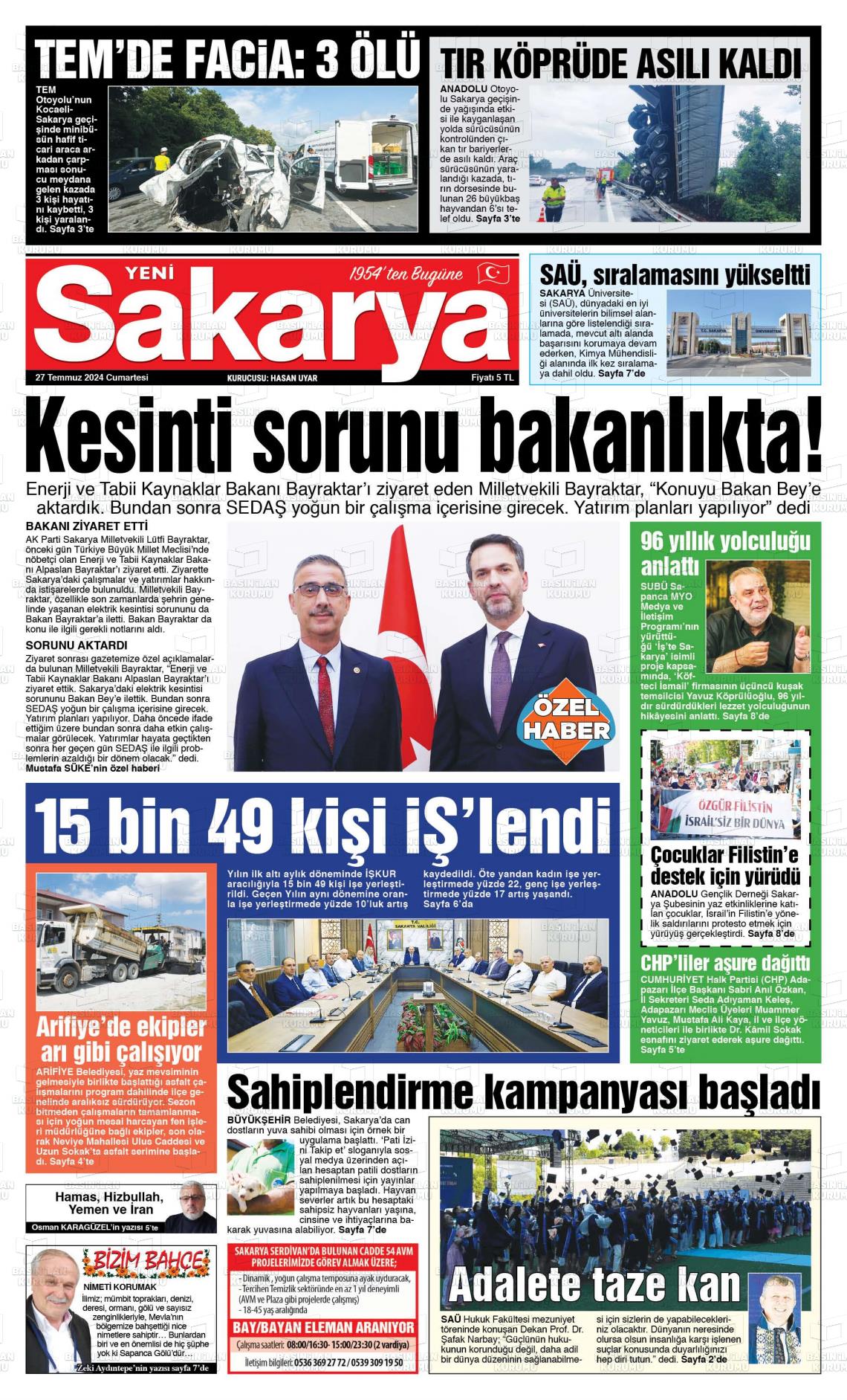 27 Temmuz 2024 Yeni Sakarya Gazete Manşeti