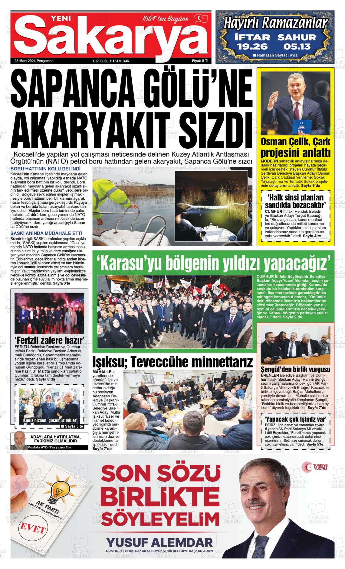 28 Mart 2024 Yeni Sakarya Gazete Manşeti