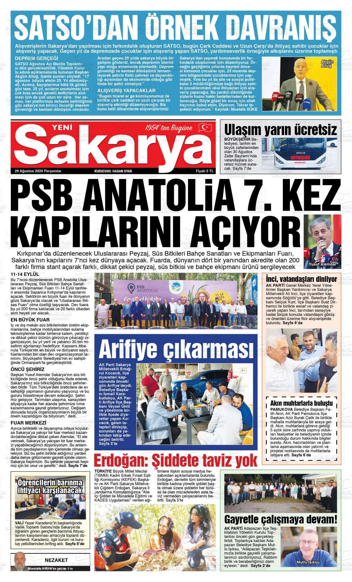 29 Ağustos 2024 Yeni Sakarya Gazete Manşeti