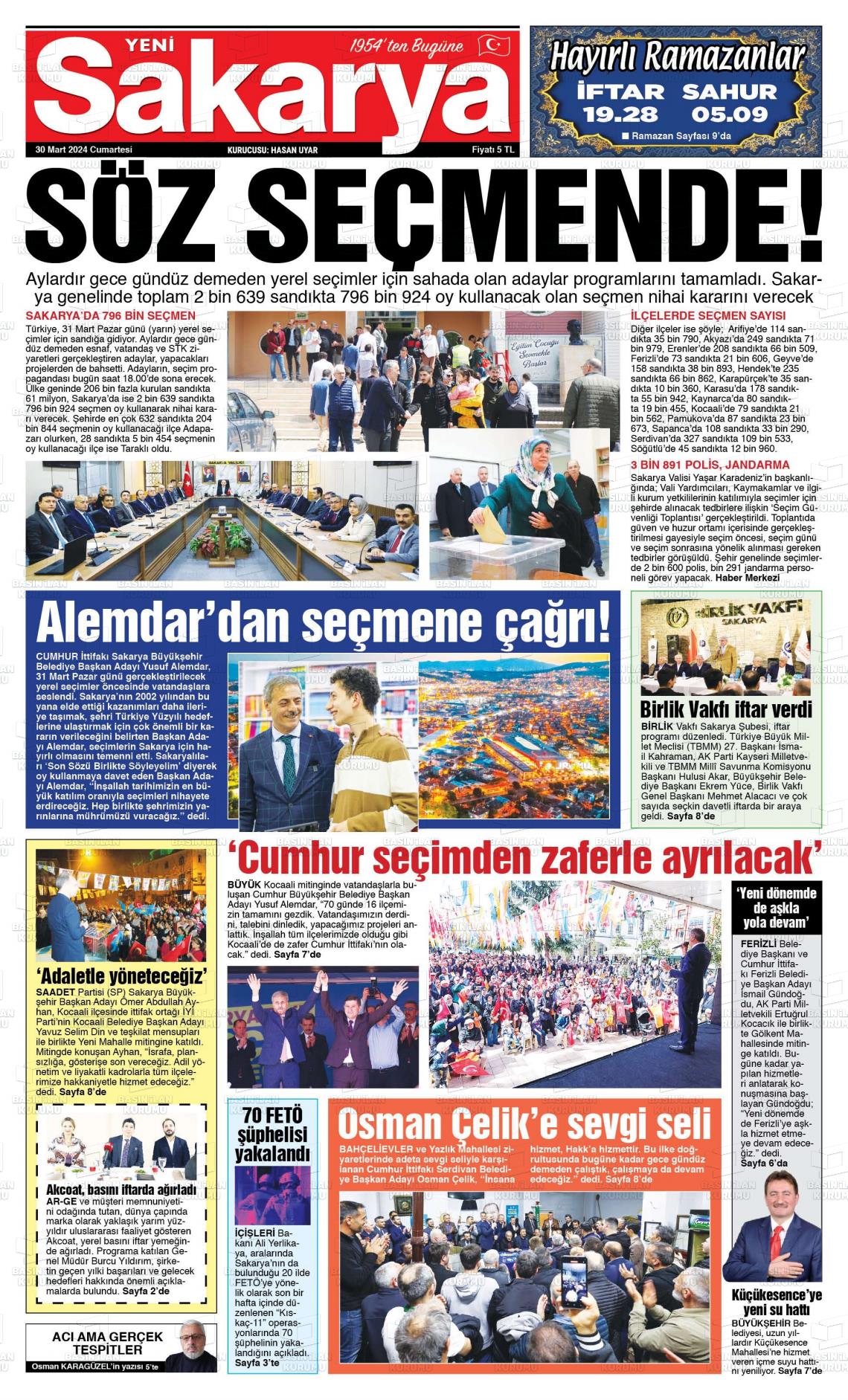 30 Mart 2024 Yeni Sakarya Gazete Manşeti