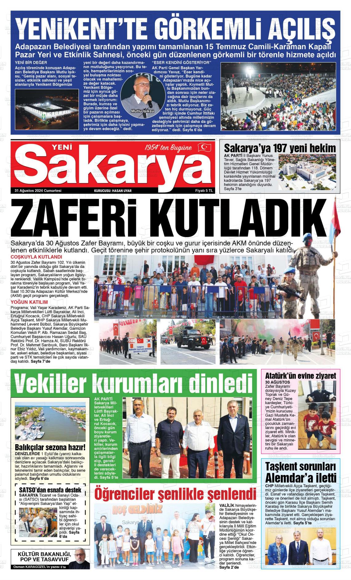 31 Ağustos 2024 Yeni Sakarya Gazete Manşeti