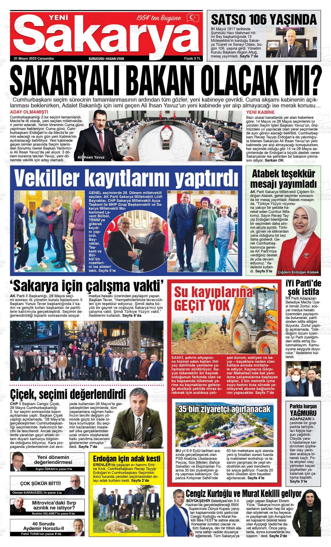 31 Mayıs 2023 Yeni Sakarya Gazete Manşeti