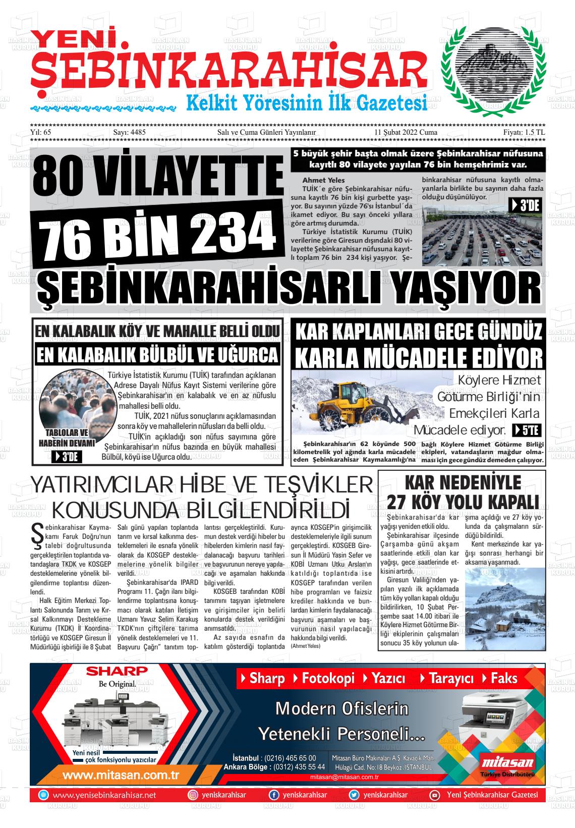 11 Şubat 2022 Yeni Şebinkarahisar Gazete Manşeti