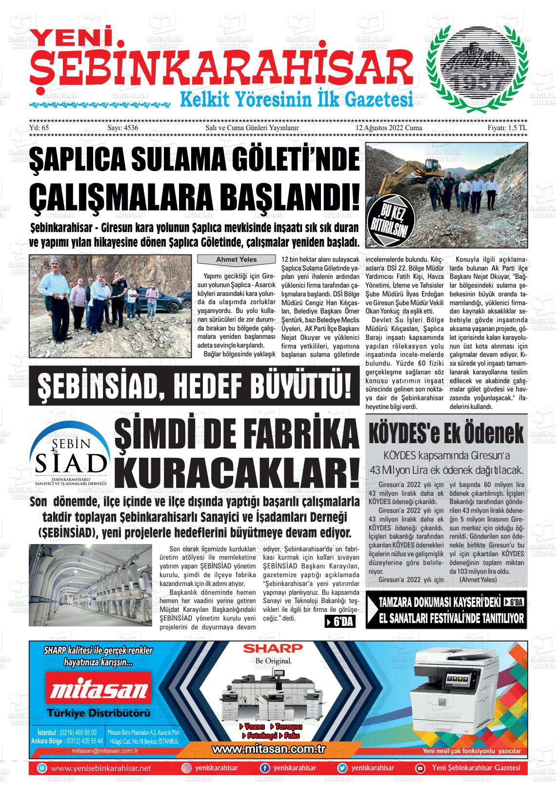 12 Ağustos 2022 Yeni Şebinkarahisar Gazete Manşeti