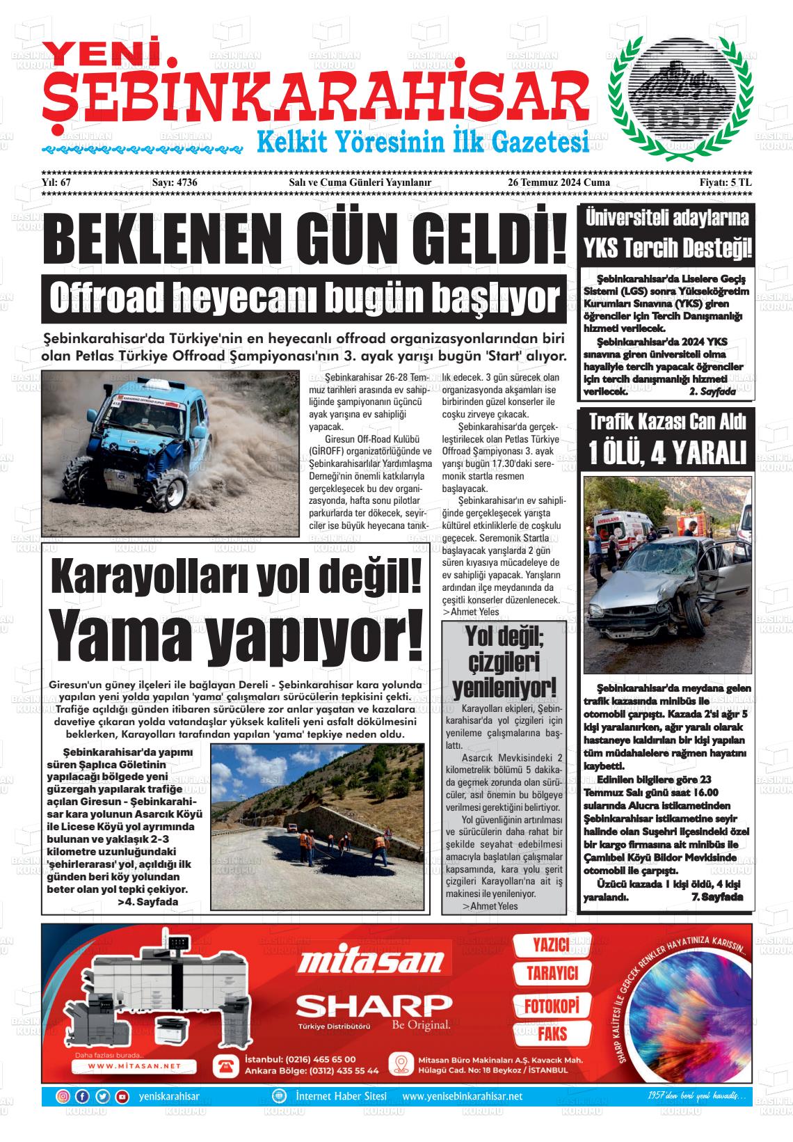 27 Temmuz 2024 Yeni Şebinkarahisar Gazete Manşeti