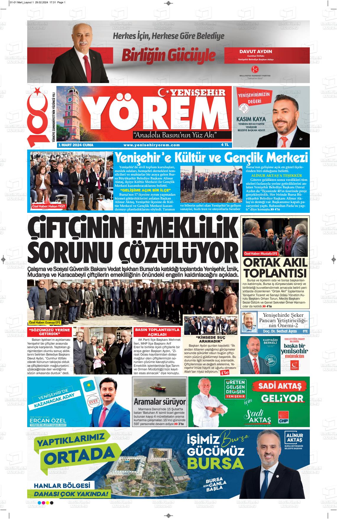 01 Mart 2024 Yenişehir Yörem Gazete Manşeti