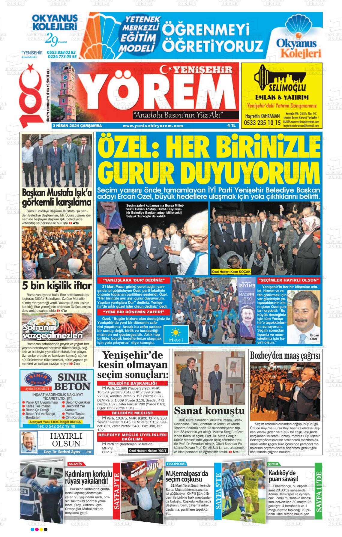 03 Nisan 2024 Yenişehir Yörem Gazete Manşeti