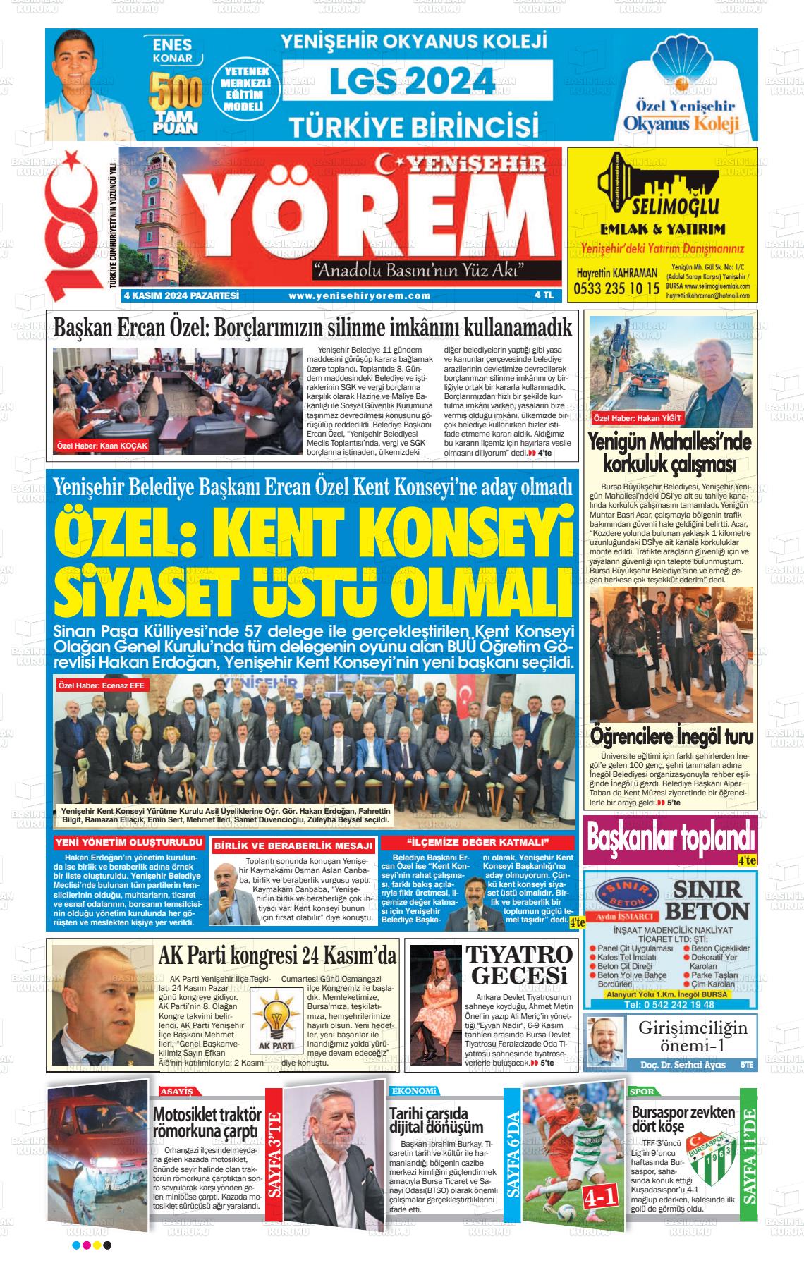 04 Kasım 2024 Yenişehir Yörem Gazete Manşeti