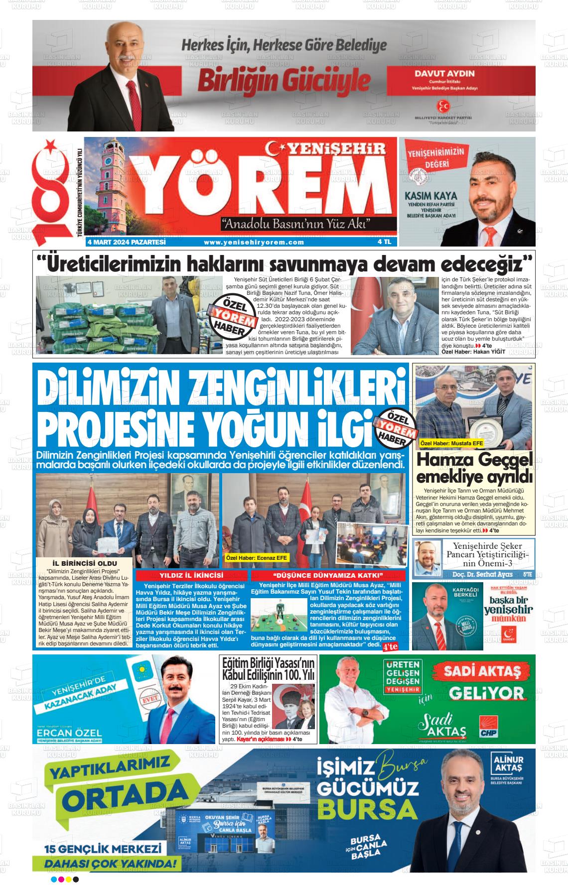 04 Mart 2024 Yenişehir Yörem Gazete Manşeti