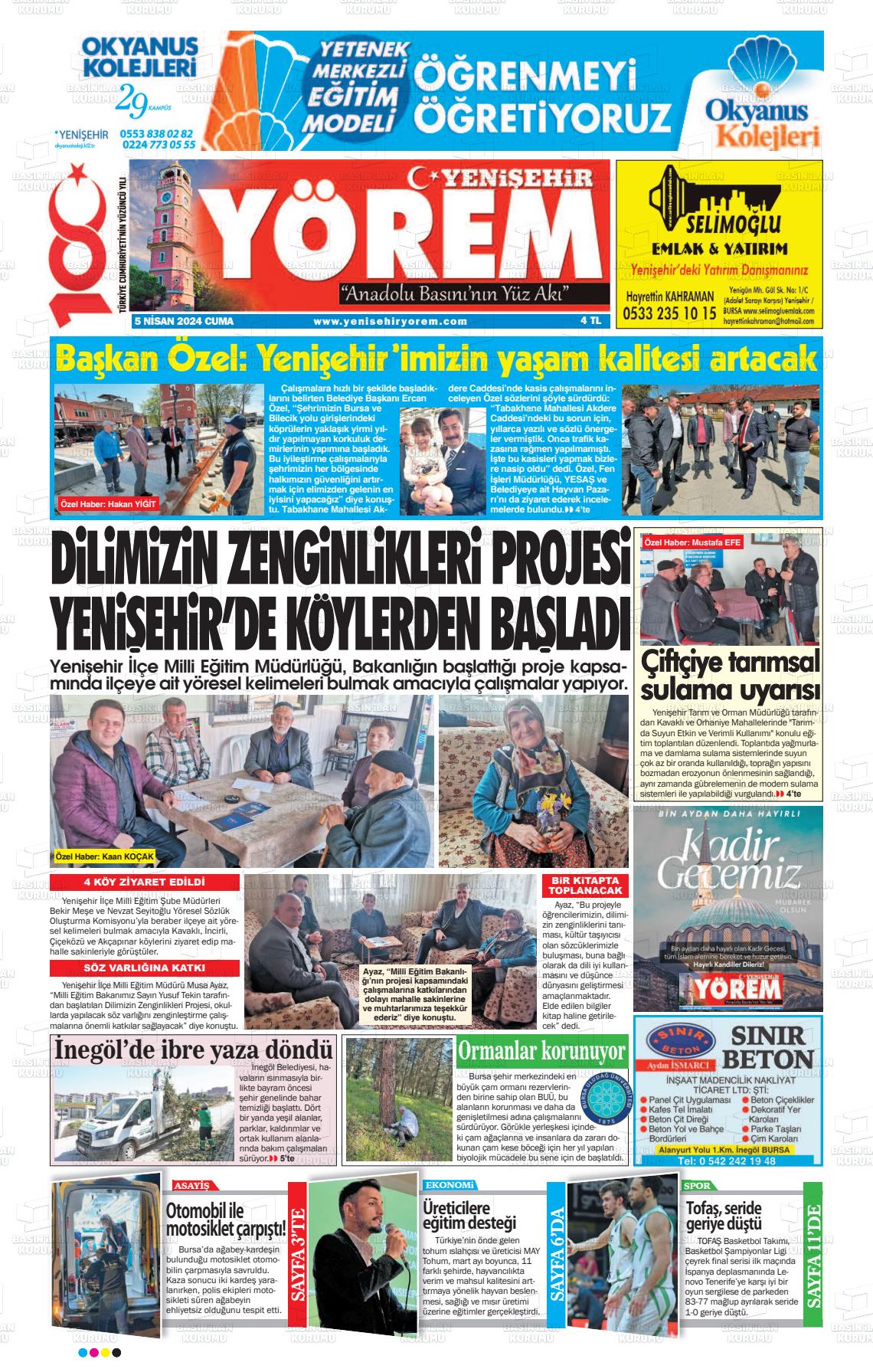 05 Nisan 2024 Yenişehir Yörem Gazete Manşeti