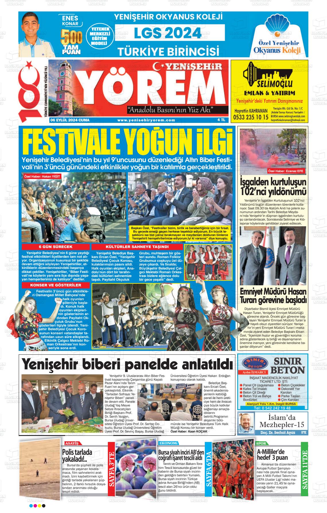 06 Eylül 2024 Yenişehir Yörem Gazete Manşeti