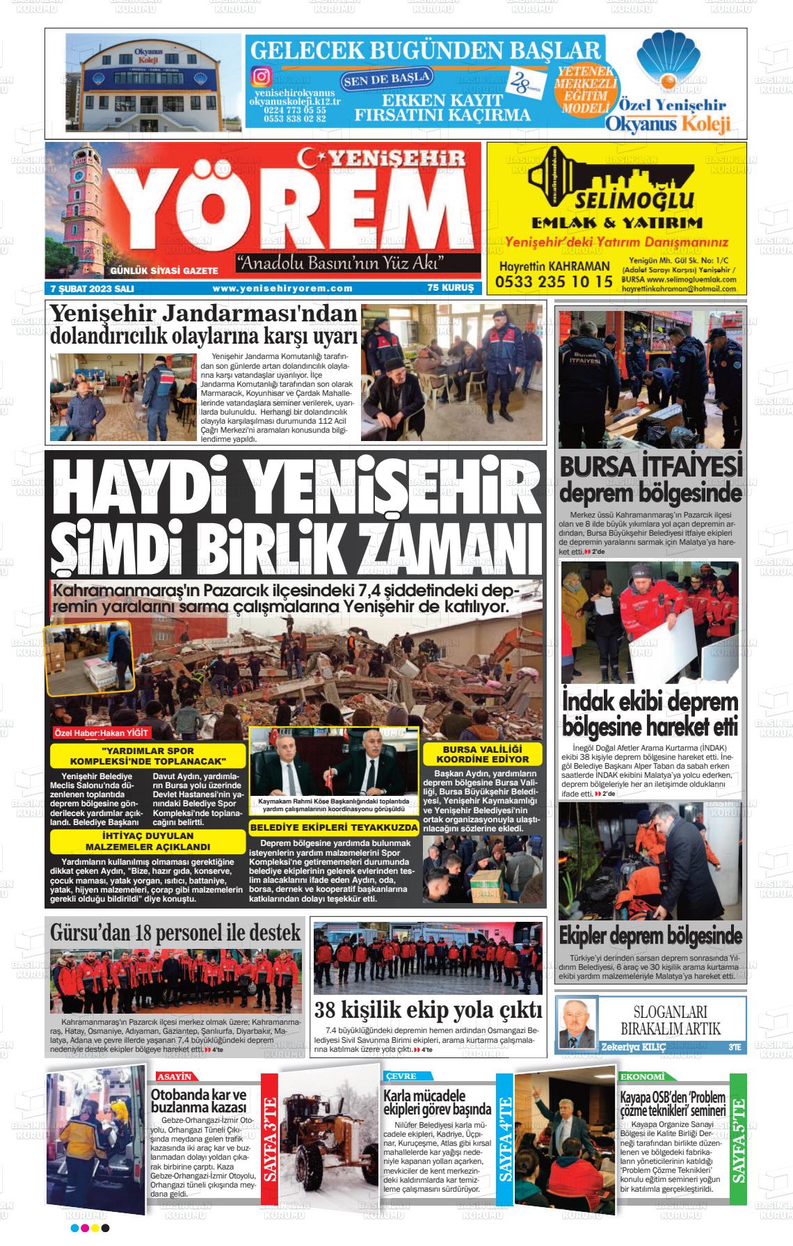 07 Şubat 2023 Yenişehir Yörem Gazete Manşeti