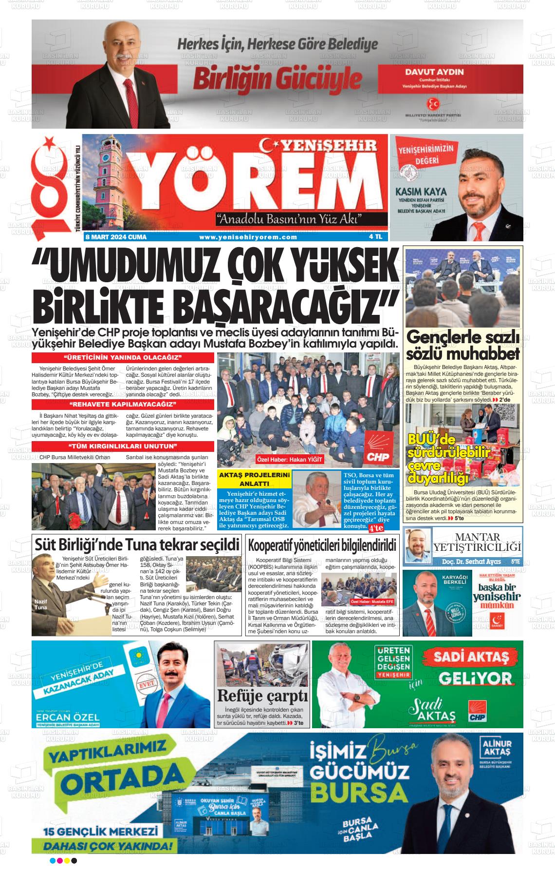 08 Mart 2024 Yenişehir Yörem Gazete Manşeti