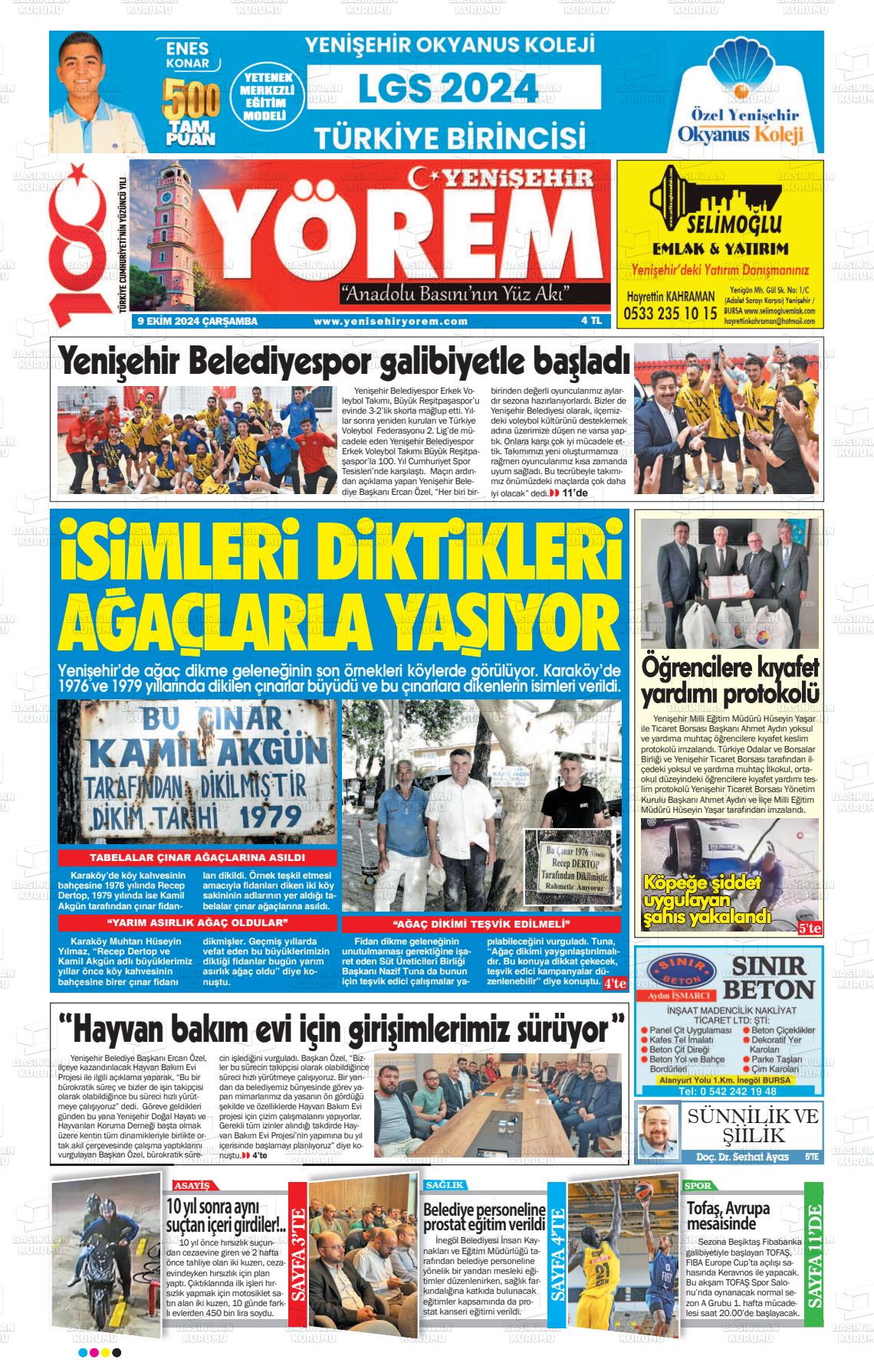 09 Ekim 2024 Yenişehir Yörem Gazete Manşeti