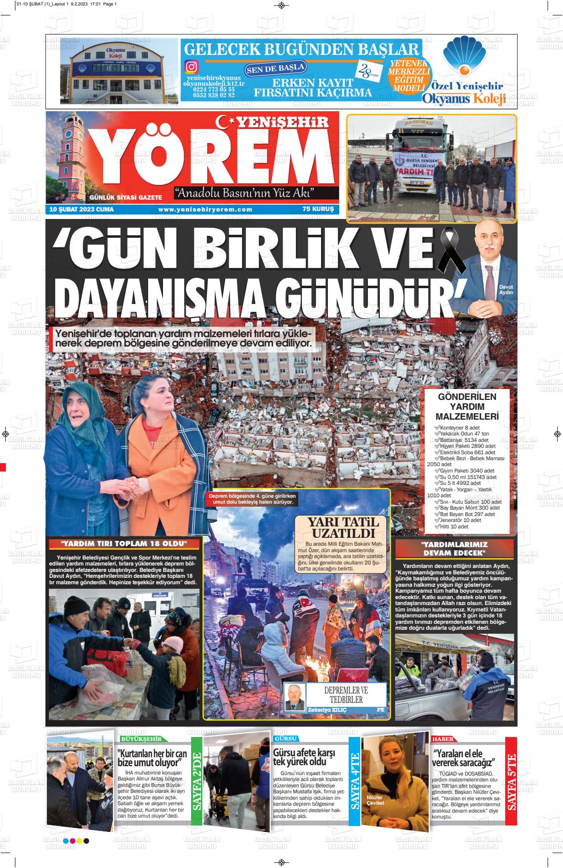 10 Şubat 2023 Yenişehir Yörem Gazete Manşeti