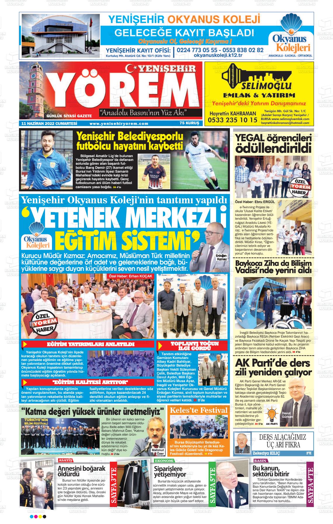 11 Haziran 2022 Yenişehir Yörem Gazete Manşeti