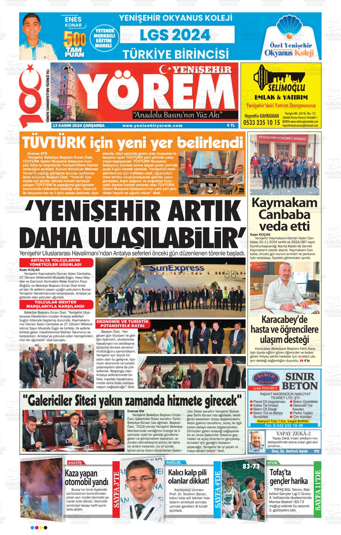 13 Kasım 2024 Yenişehir Yörem Gazete Manşeti