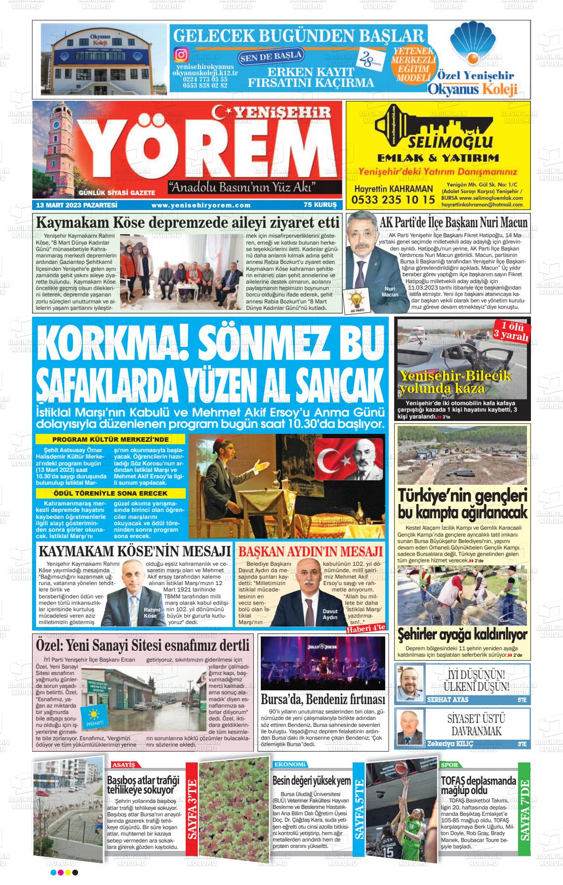 13 Mart 2023 Yenişehir Yörem Gazete Manşeti