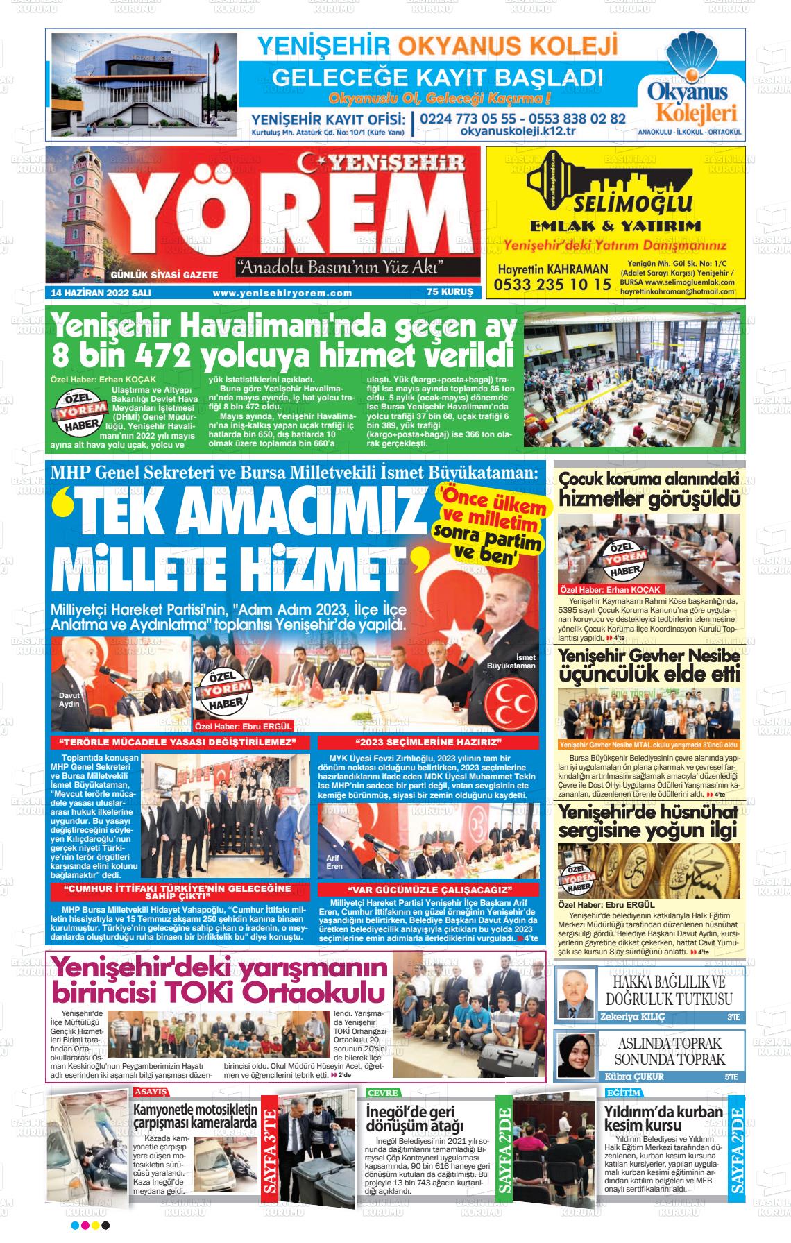 14 Haziran 2022 Yenişehir Yörem Gazete Manşeti