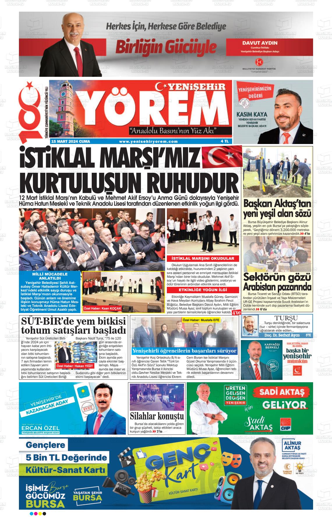 15 Mart 2024 Yenişehir Yörem Gazete Manşeti