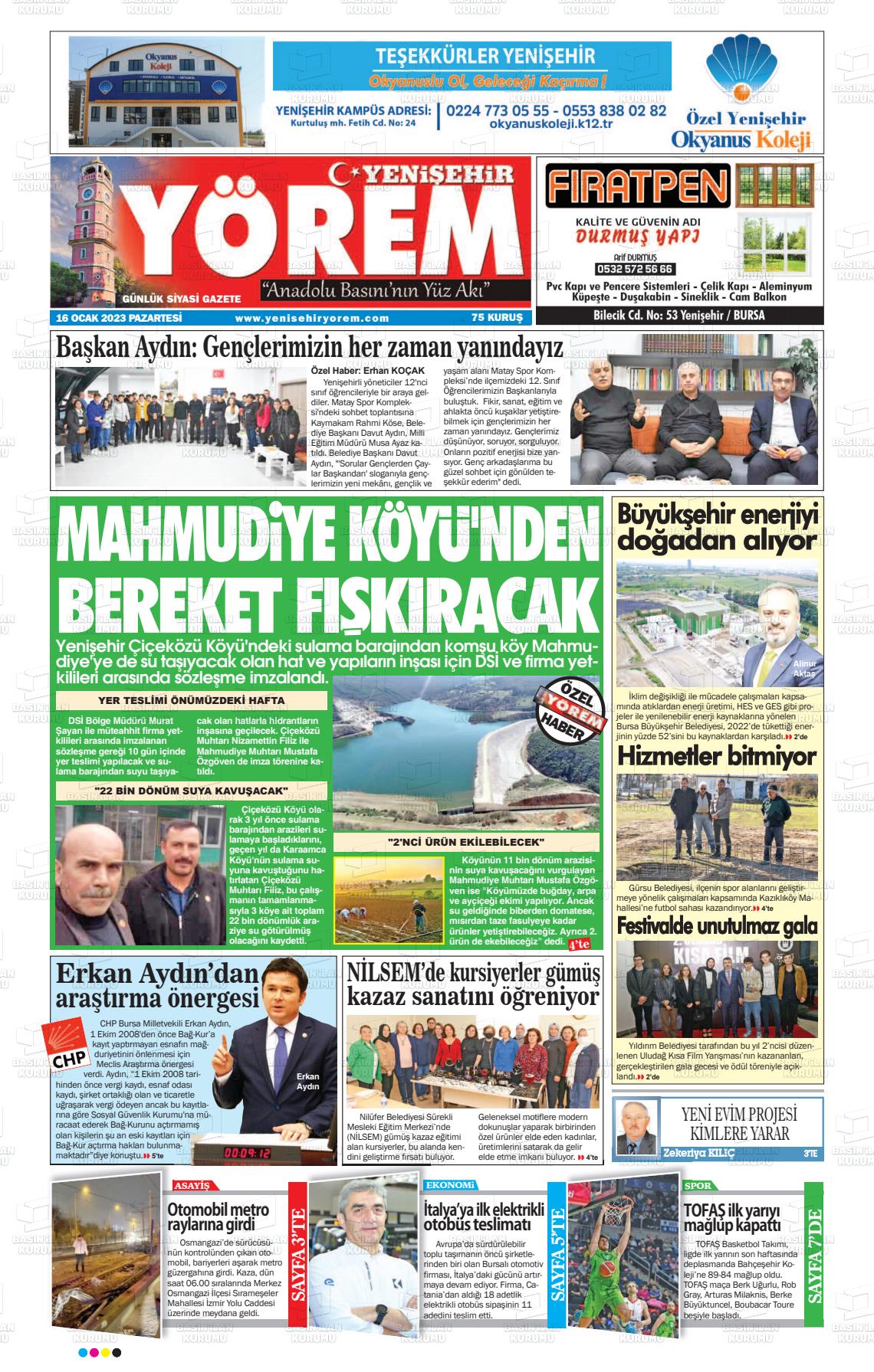 16 Ocak 2023 Yenişehir Yörem Gazete Manşeti