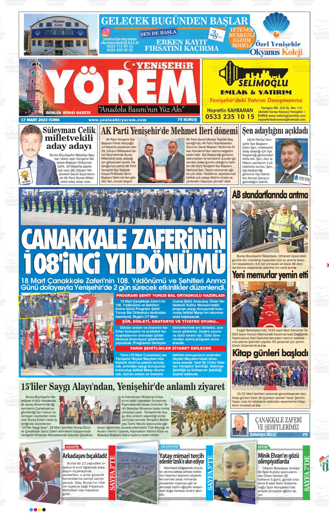 17 Mart 2023 Yenişehir Yörem Gazete Manşeti