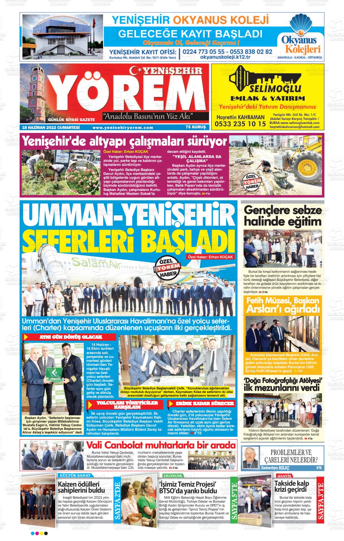 18 Haziran 2022 Yenişehir Yörem Gazete Manşeti