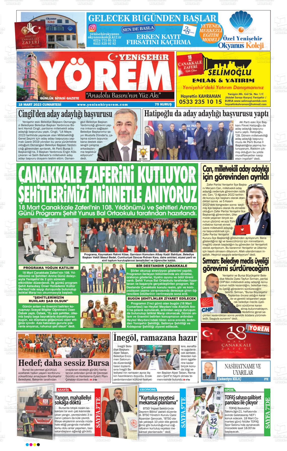 18 Mart 2023 Yenişehir Yörem Gazete Manşeti