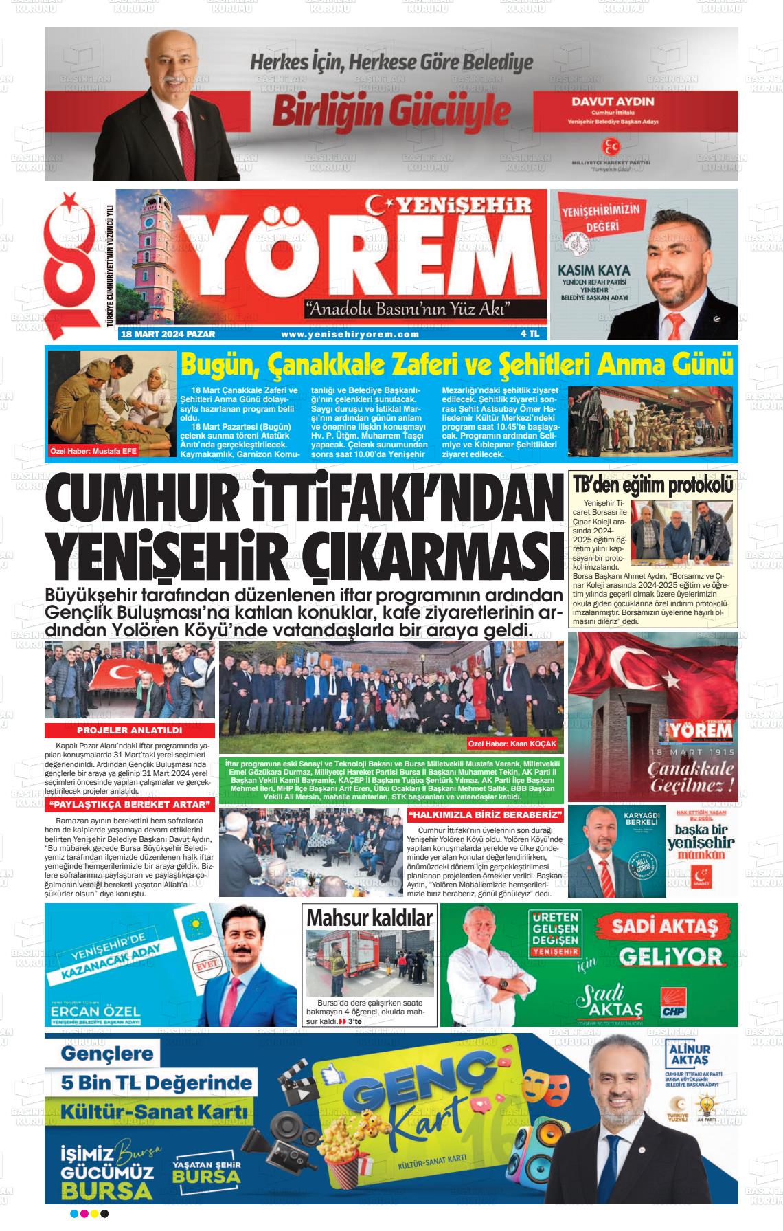 18 Mart 2024 Yenişehir Yörem Gazete Manşeti