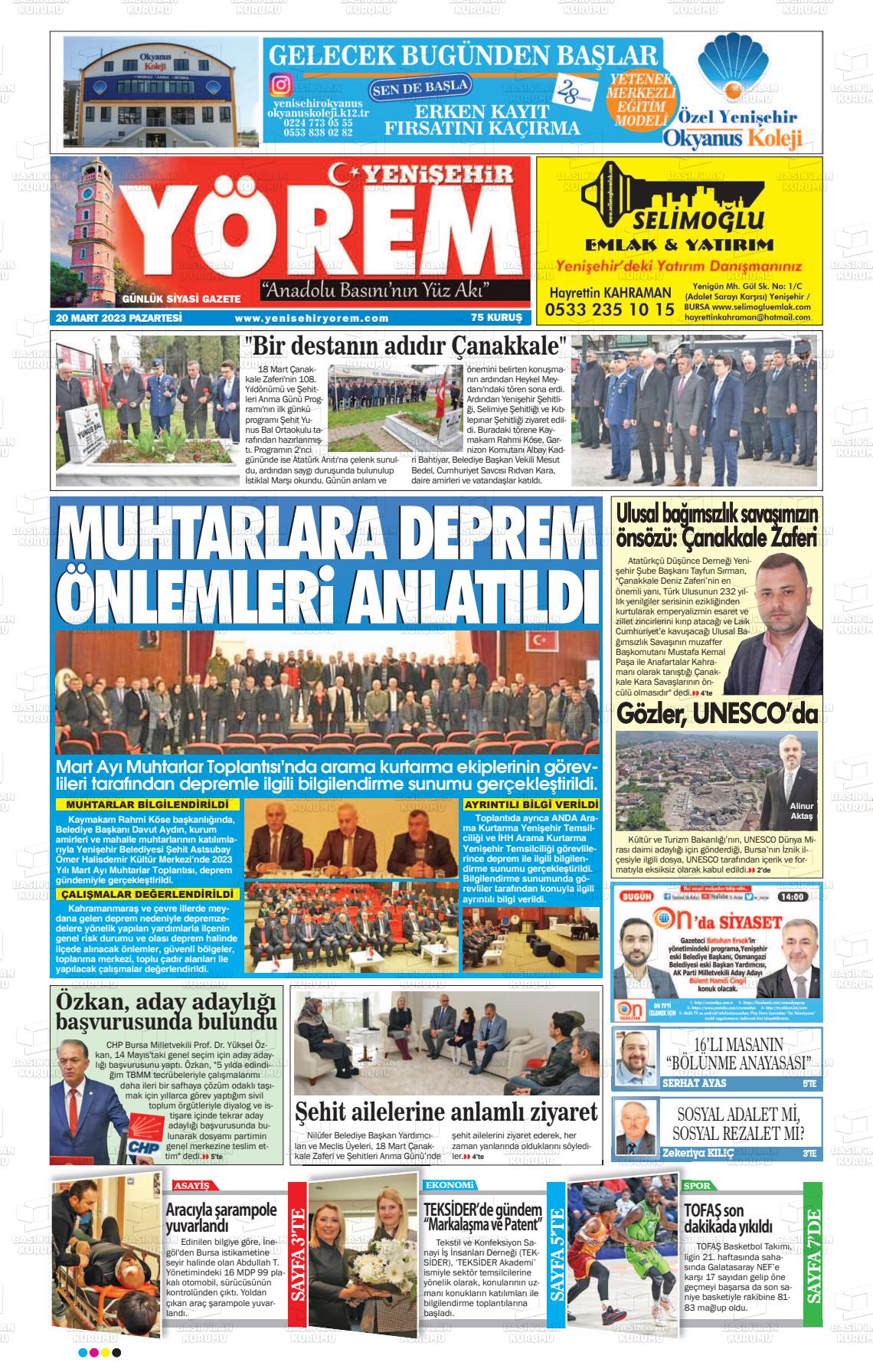 20 Mart 2023 Yenişehir Yörem Gazete Manşeti