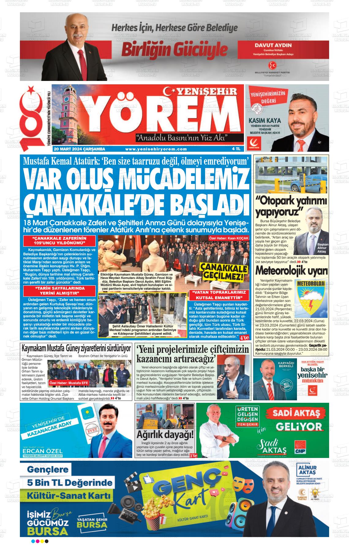 20 Mart 2024 Yenişehir Yörem Gazete Manşeti