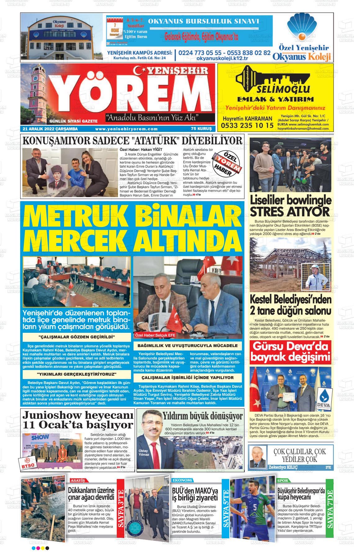 21 Aralık 2022 Yenişehir Yörem Gazete Manşeti