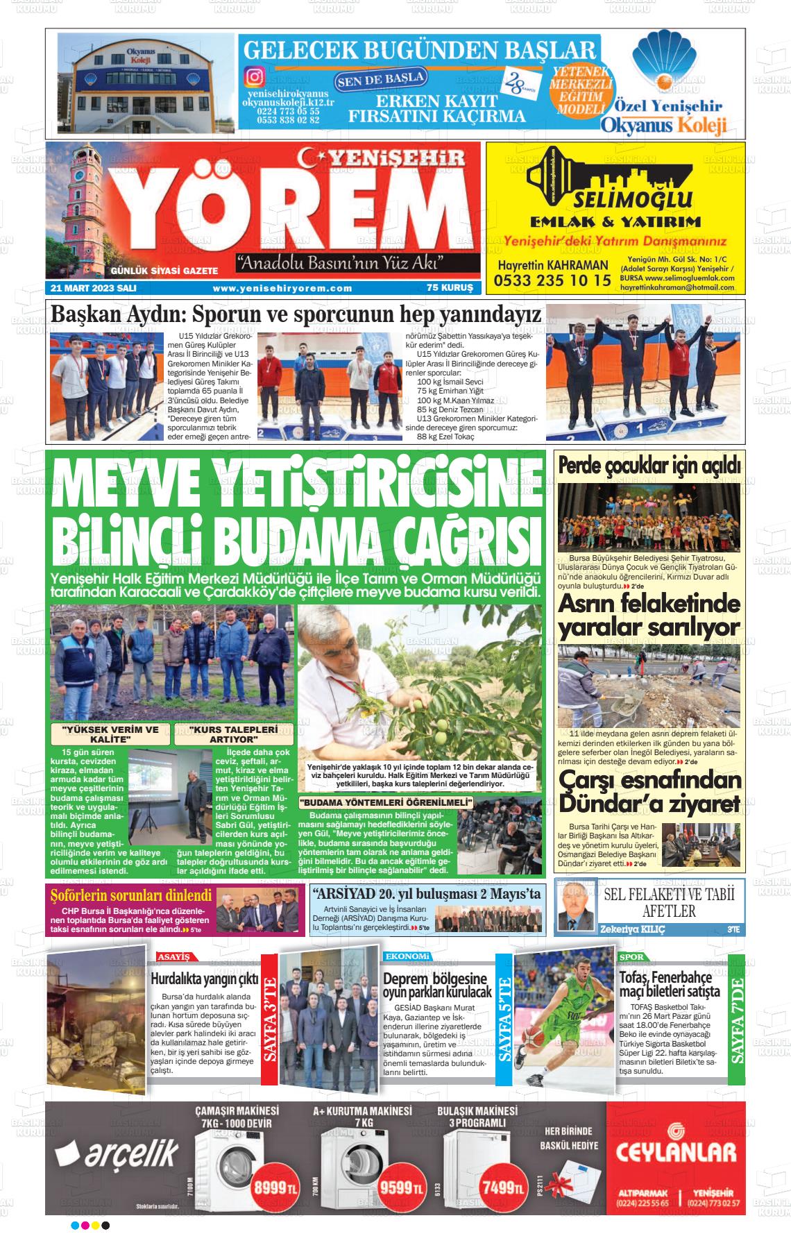 21 Mart 2023 Yenişehir Yörem Gazete Manşeti