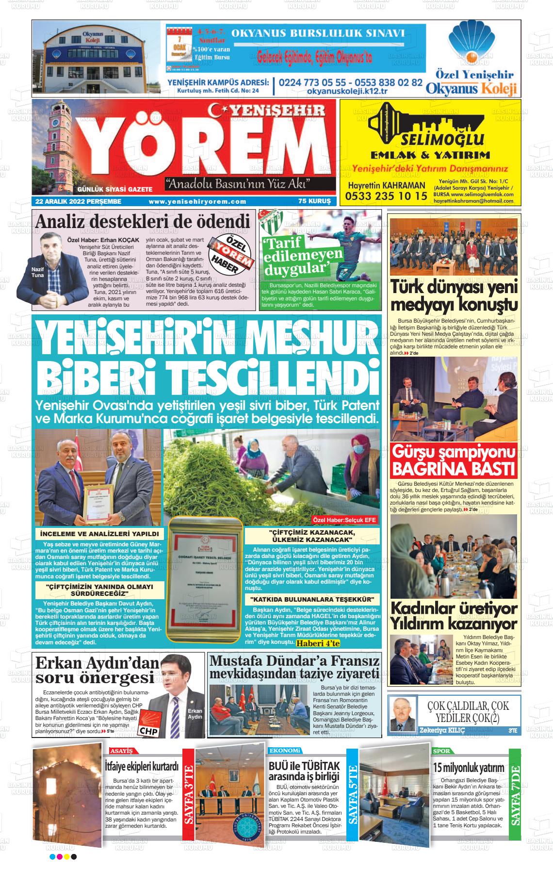 22 Aralık 2022 Yenişehir Yörem Gazete Manşeti