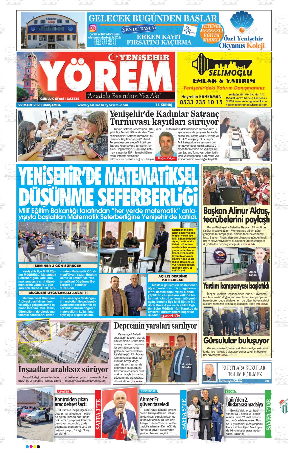 22 Mart 2023 Yenişehir Yörem Gazete Manşeti