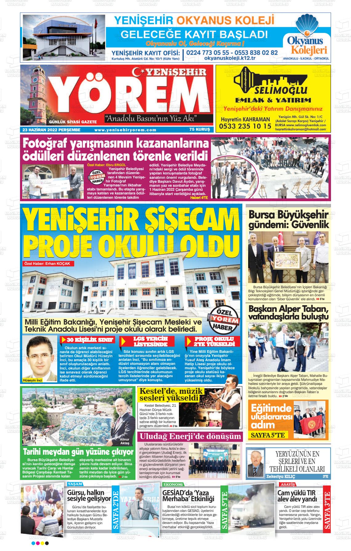 23 Haziran 2022 Yenişehir Yörem Gazete Manşeti