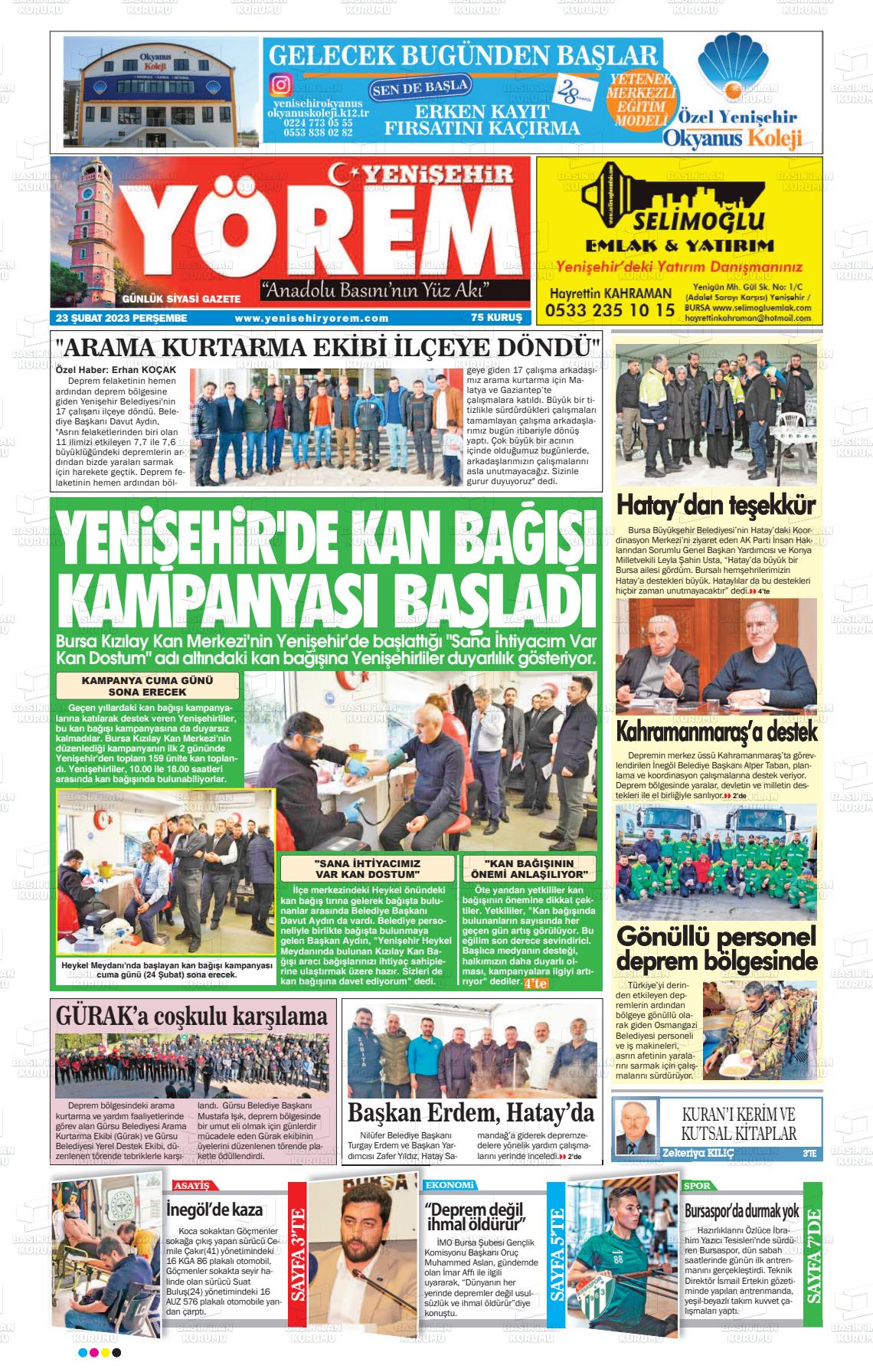 01 Mart 2023 Yenişehir Yörem Gazete Manşeti