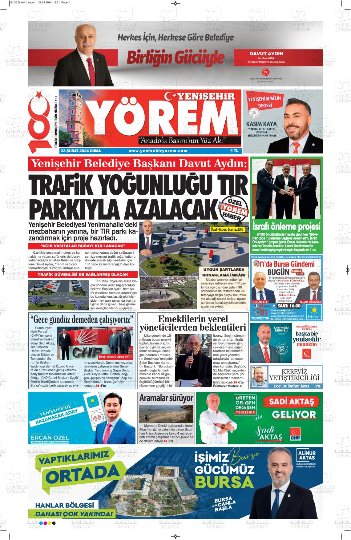 23 Şubat 2024 Yenişehir Yörem Gazete Manşeti