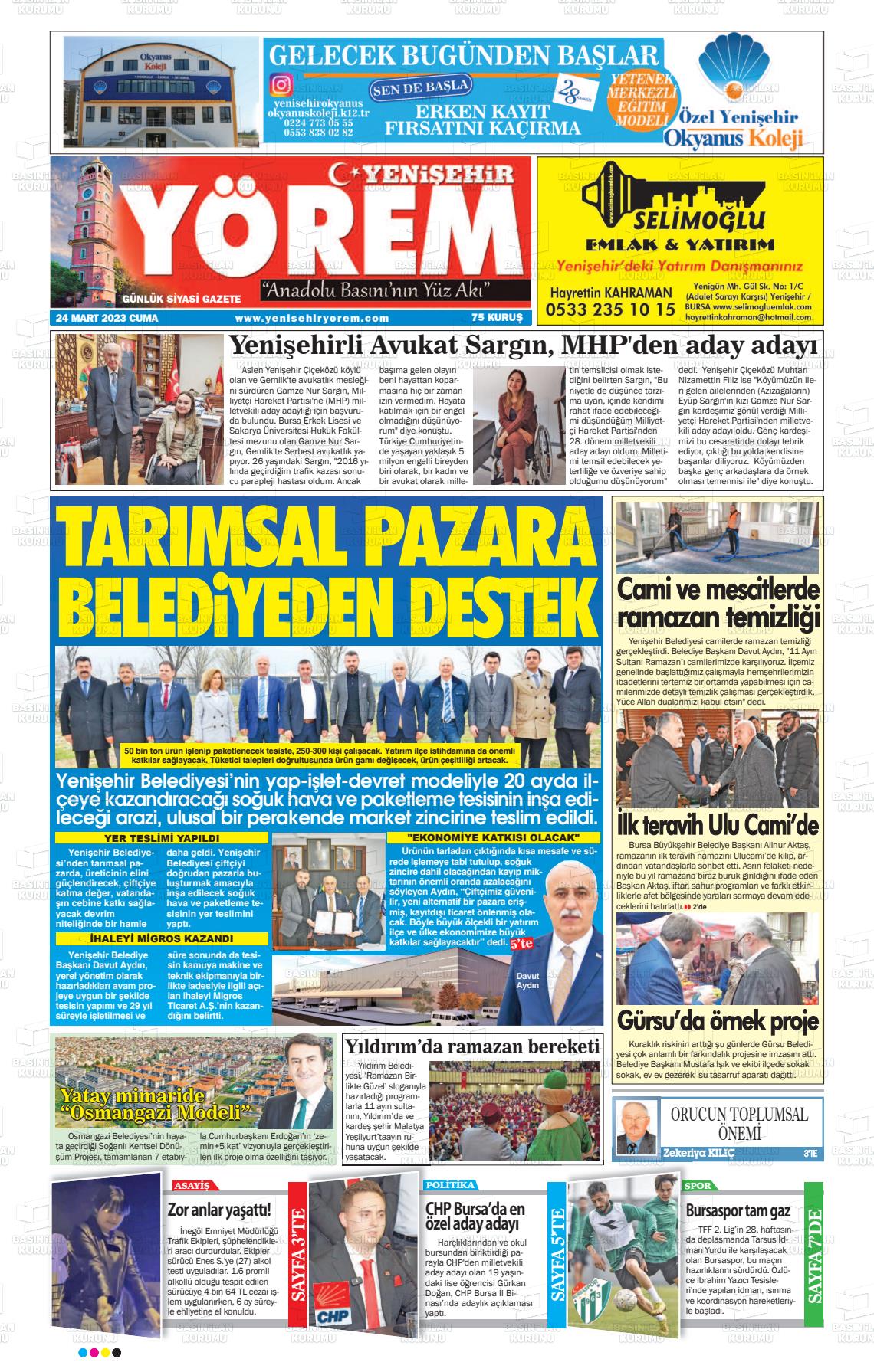 24 Mart 2023 Yenişehir Yörem Gazete Manşeti