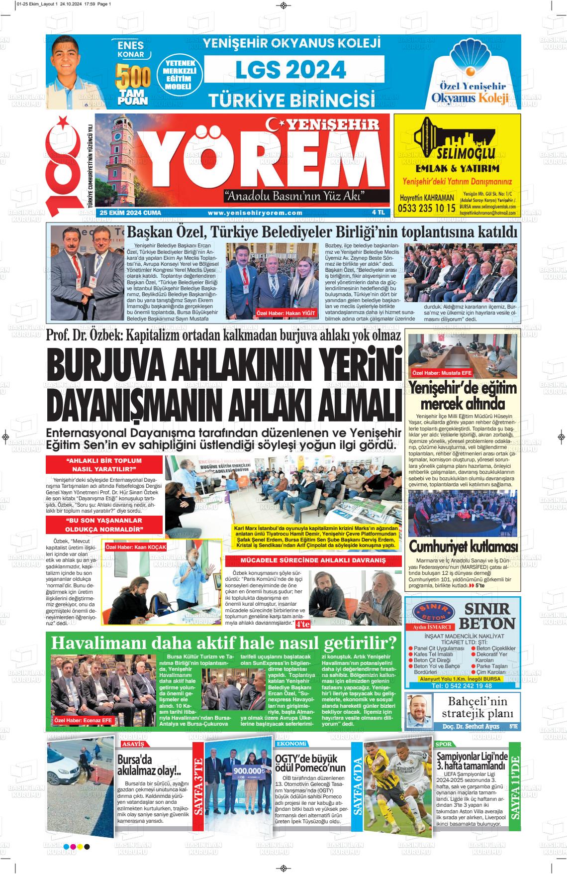 25 Ekim 2024 Yenişehir Yörem Gazete Manşeti