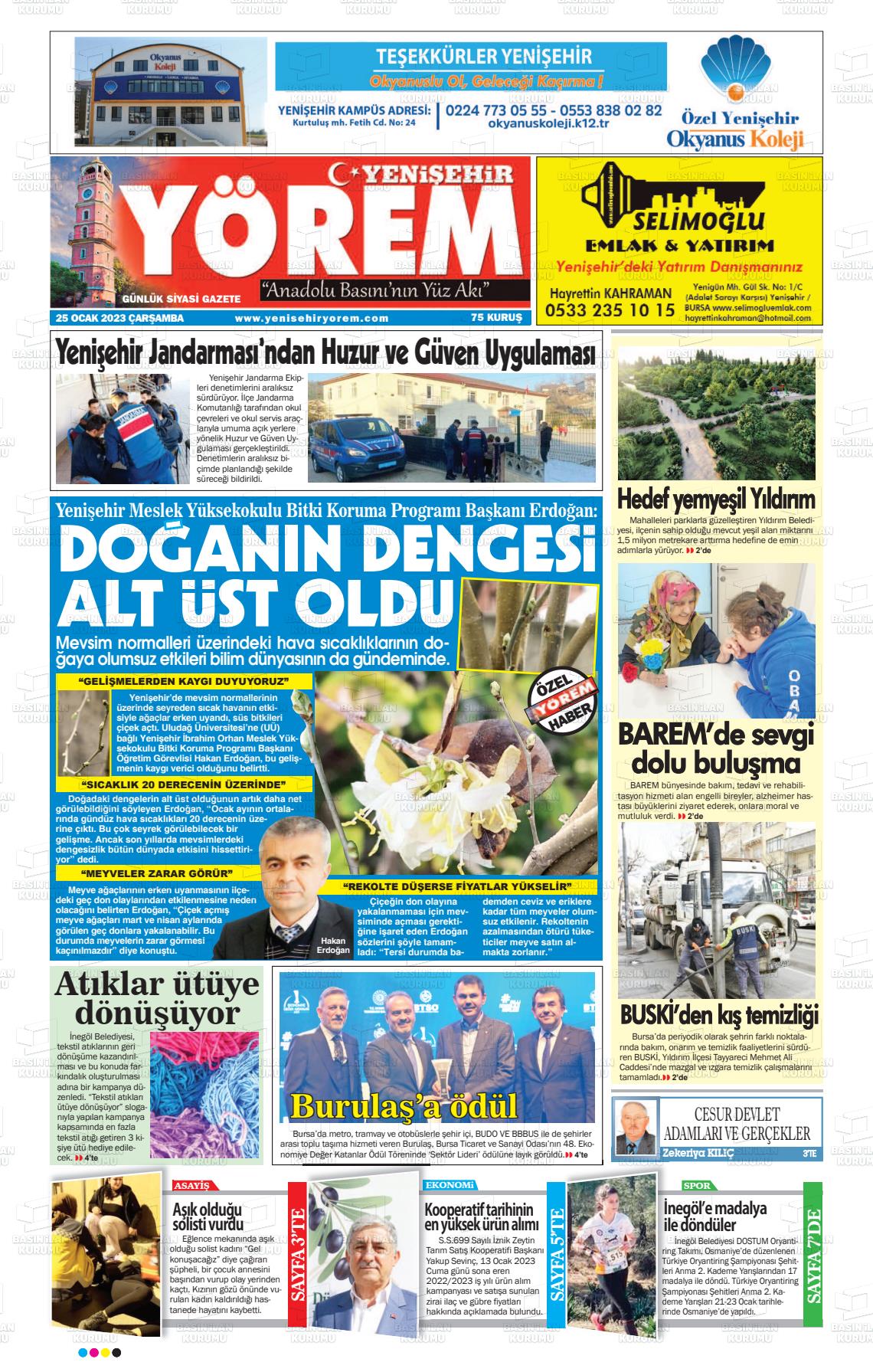 25 Ocak 2023 Yenişehir Yörem Gazete Manşeti