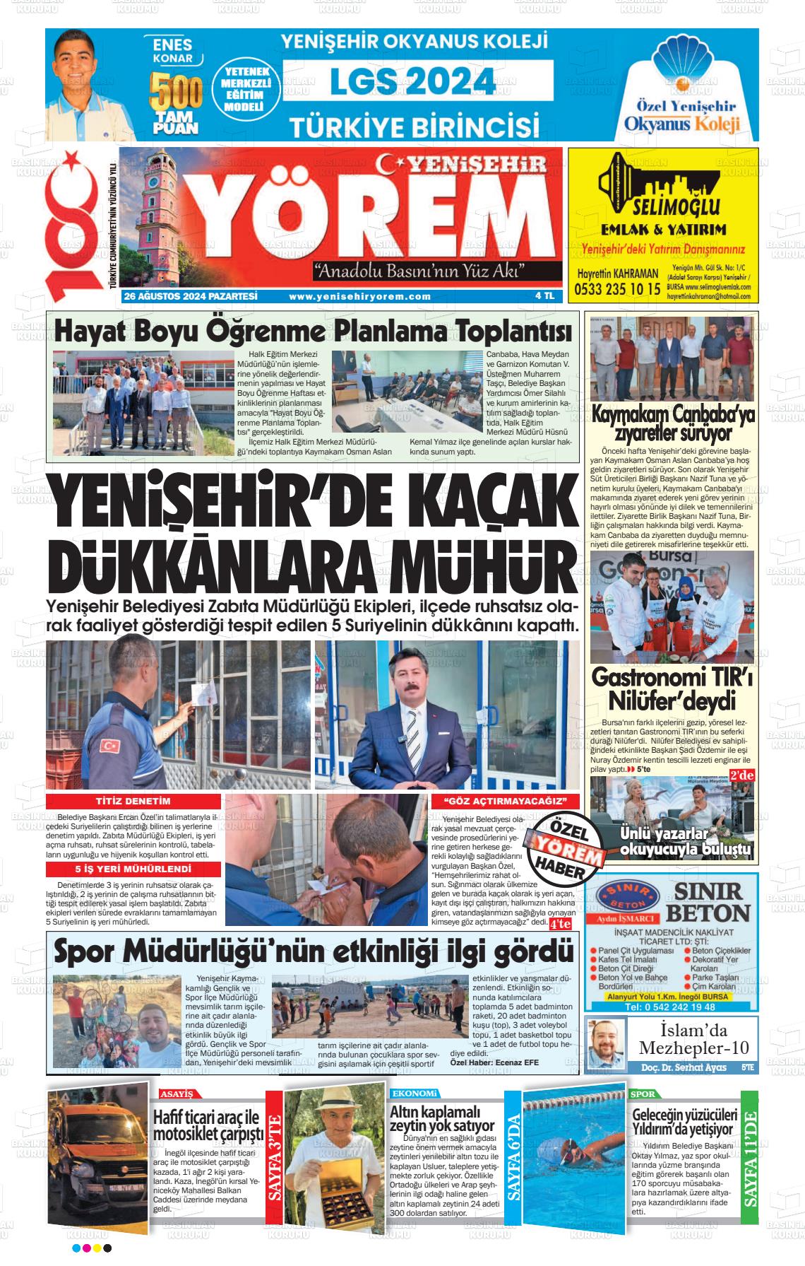 26 Ağustos 2024 Yenişehir Yörem Gazete Manşeti