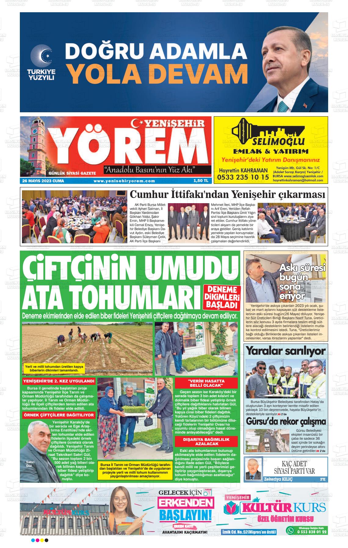 26 Mayıs 2023 Yenişehir Yörem Gazete Manşeti