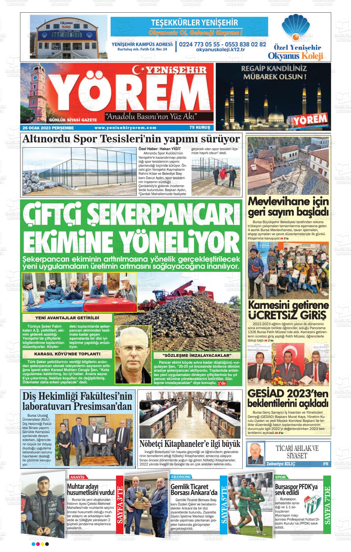 26 Ocak 2023 Yenişehir Yörem Gazete Manşeti