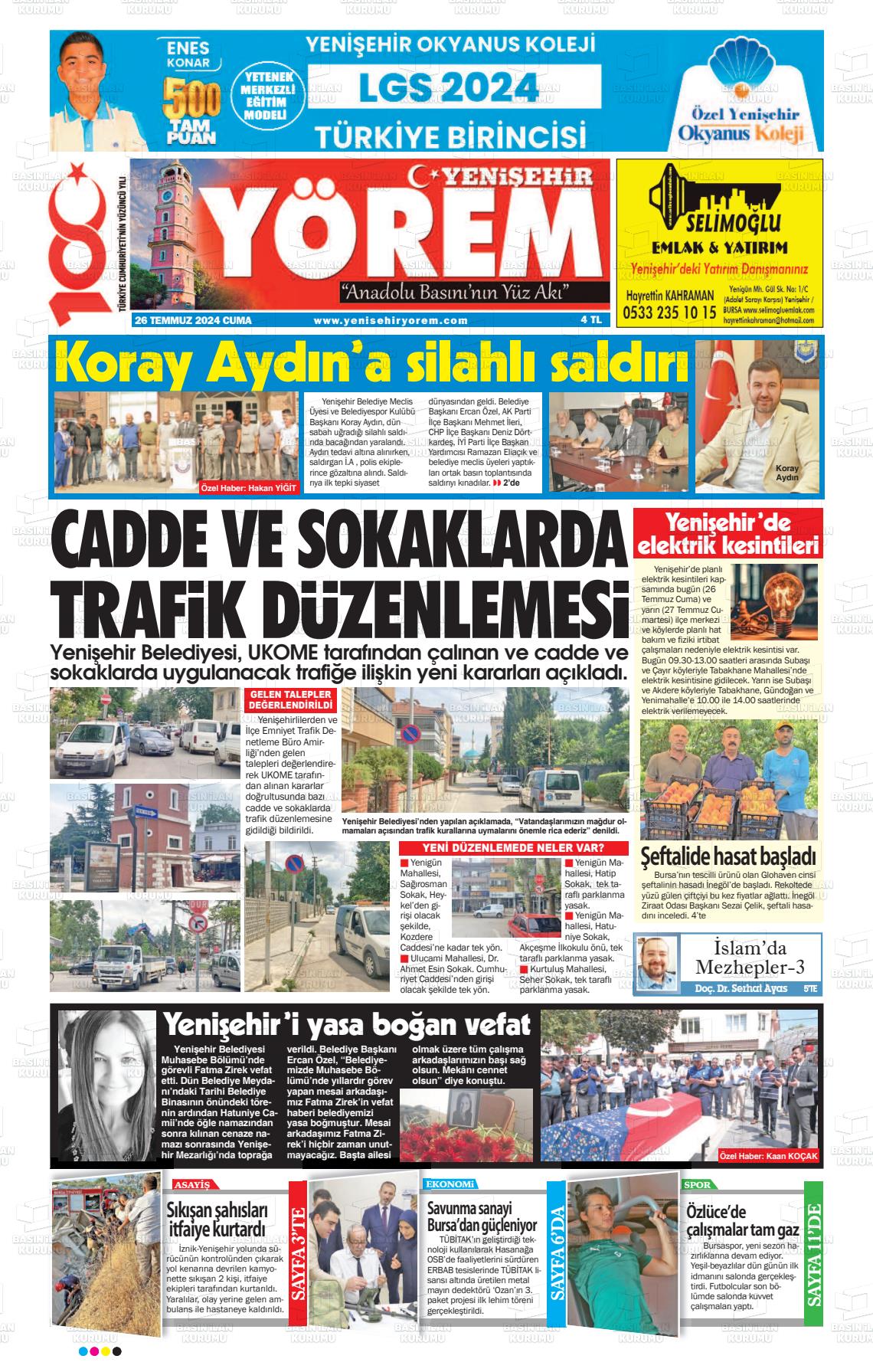 27 Temmuz 2024 Yenişehir Yörem Gazete Manşeti