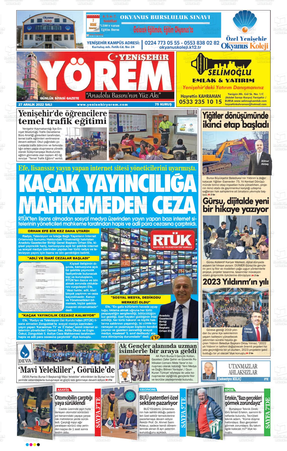 27 Aralık 2022 Yenişehir Yörem Gazete Manşeti