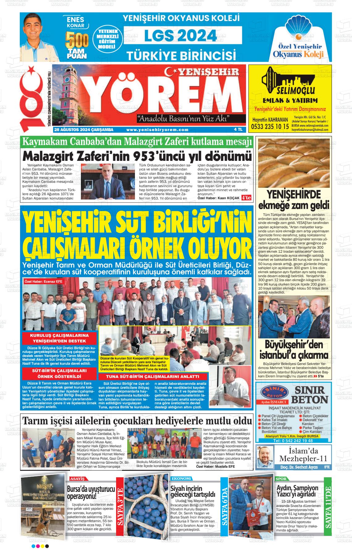 28 Ağustos 2024 Yenişehir Yörem Gazete Manşeti