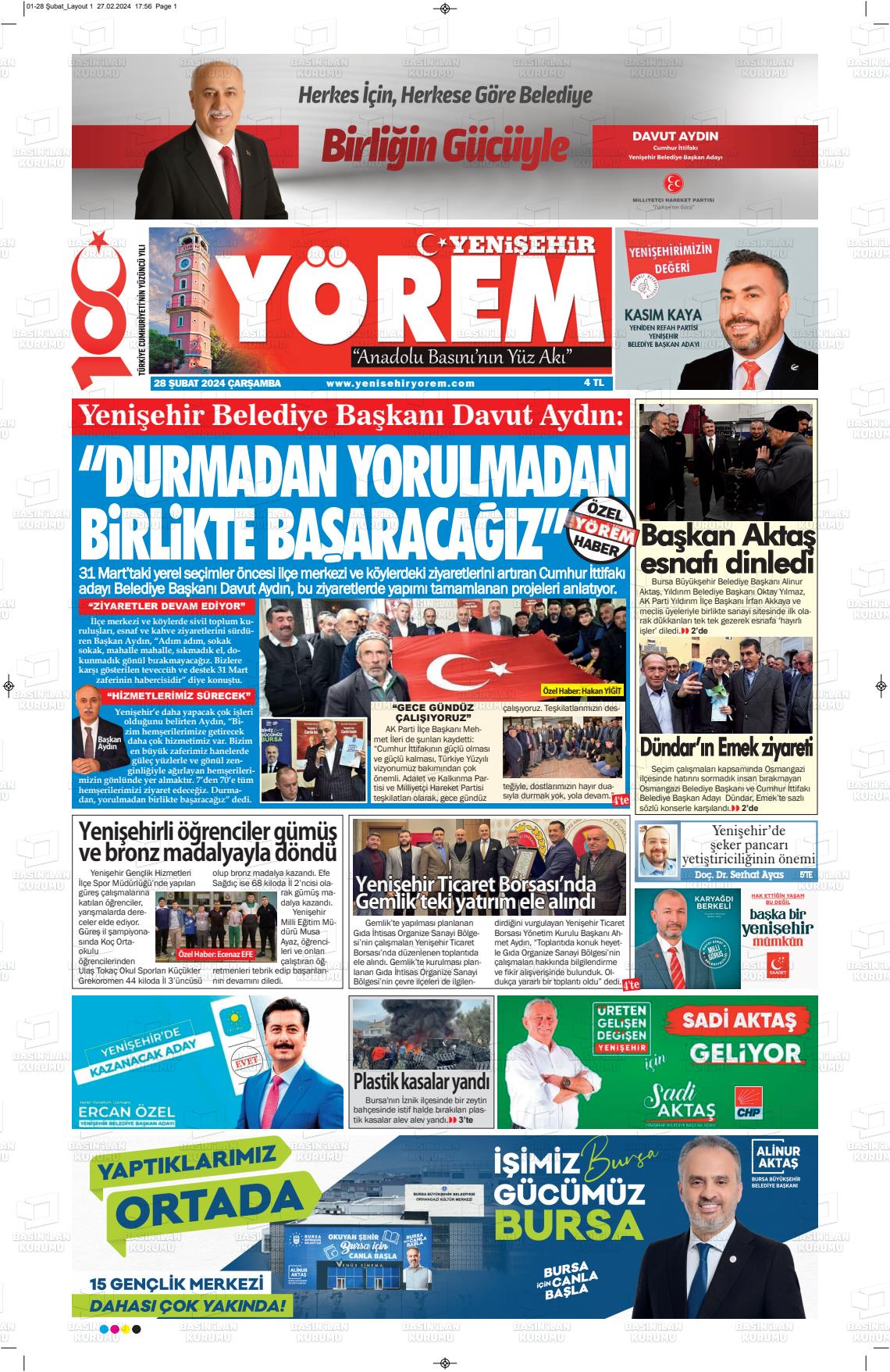 28 Şubat 2024 Yenişehir Yörem Gazete Manşeti