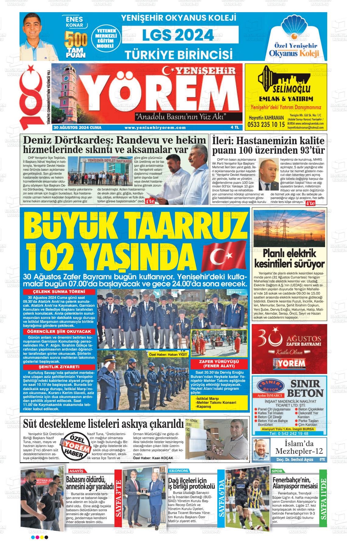 30 Ağustos 2024 Yenişehir Yörem Gazete Manşeti