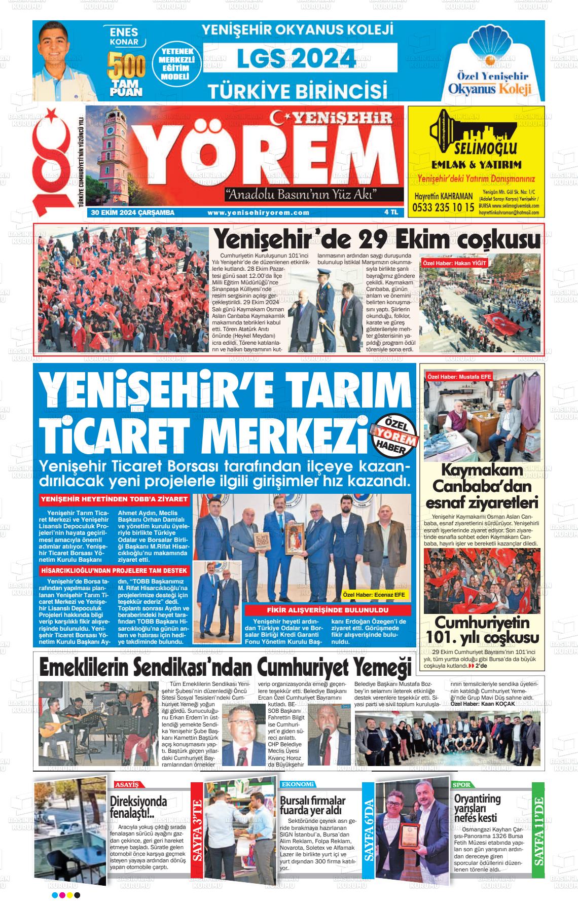 30 Ekim 2024 Yenişehir Yörem Gazete Manşeti